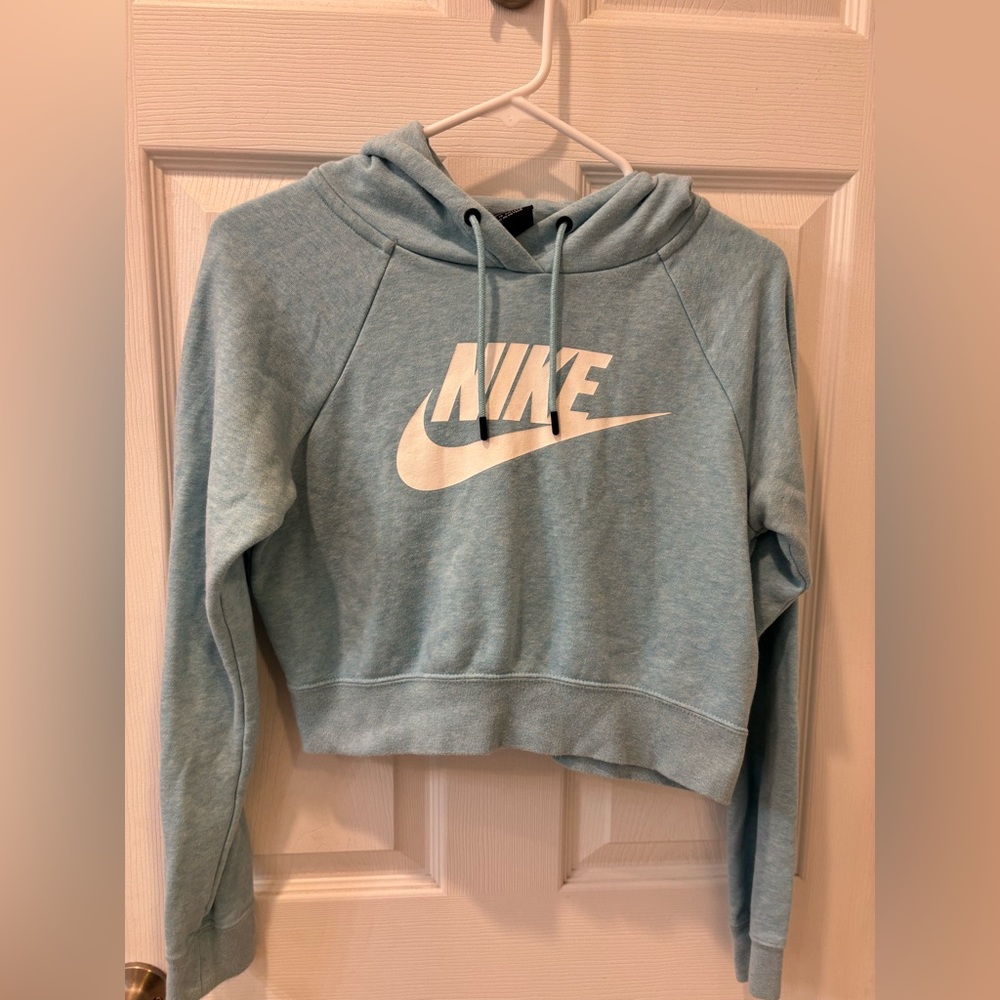 Nike Light Blue Cropped Hoodie with White Logo